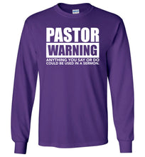 Load image into Gallery viewer, Pastor Warning Funny Pastor Long Sleeve Shirts purple