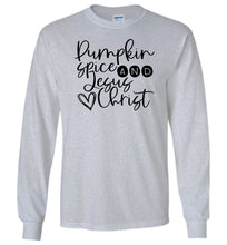 Load image into Gallery viewer, Pumpkin spice and Jesus Christ Long Sleeve T-Shirt grey