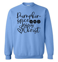 Load image into Gallery viewer, Pumpkin spice and Jesus Christ Crewneck Sweatshirt blue