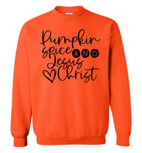 Load image into Gallery viewer, Pumpkin spice and Jesus Christ Crewneck Sweatshirt orange