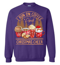 Load image into Gallery viewer, I Run On Coffee And Christmas Cheer Christmas Sweatshirt purple