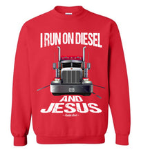 Load image into Gallery viewer, I Run On Diesel And Jesus Christian Trucker Sweatshirt red
