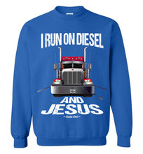 Load image into Gallery viewer, I Run On Diesel And Jesus Christian Trucker Sweatshirt royal