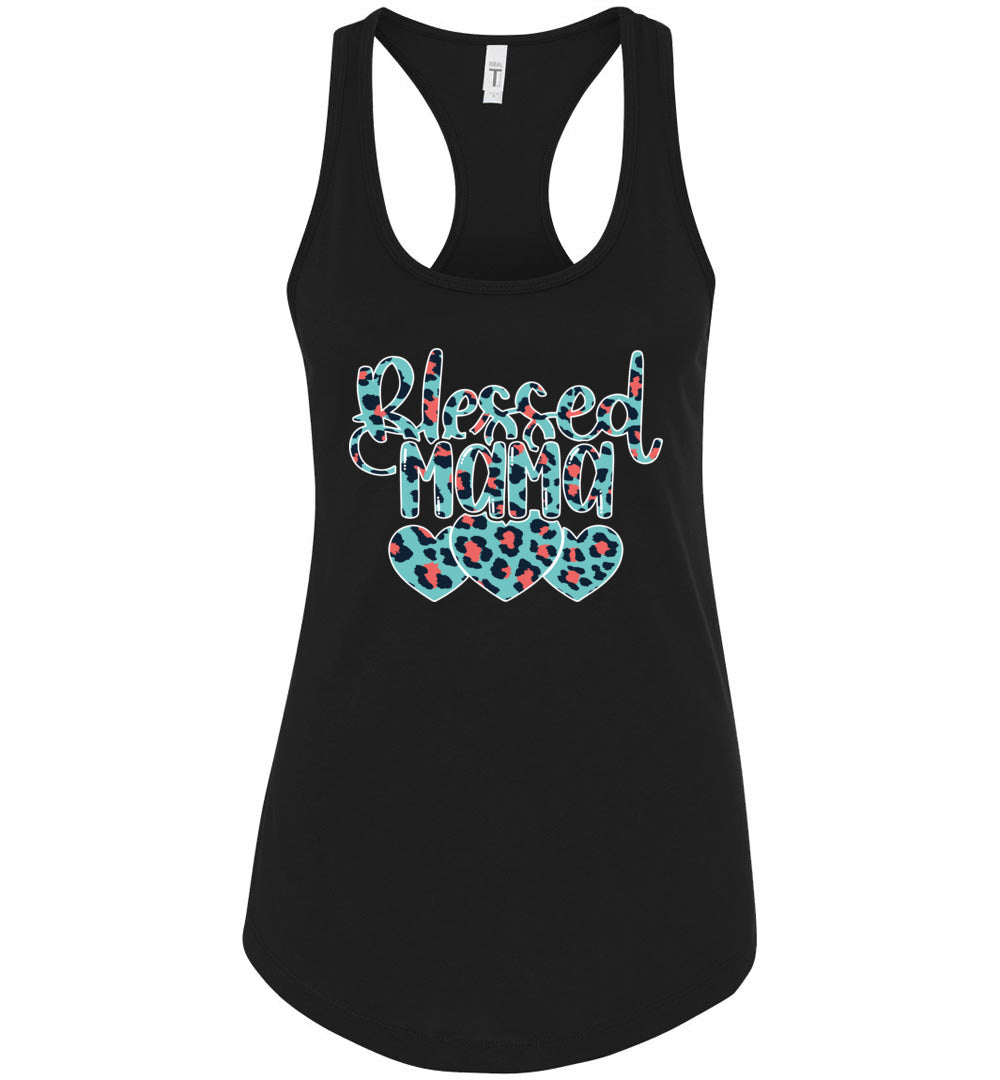Blessed Mama Leopard Print Mom Quote Tanks racerback black