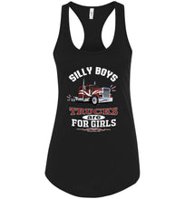 Load image into Gallery viewer, Silly Boys Trucks Are For Girls Lady Trucker Tank Top racerback black