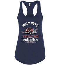 Load image into Gallery viewer, Silly Boys Trucks Are For Girls Lady Trucker Tank Top racerback navy