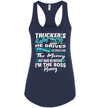 Load image into Gallery viewer, I&#39;m The Boss Honey Funny Trucker Wife Tank Top racerback navy