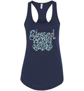 Blessed Mama Leopard Print Mom Quote Tanks racerback  navy