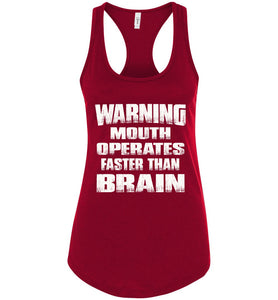 Warning Mouth Operates Faster Than Brain Funny Tank Tops racerback red