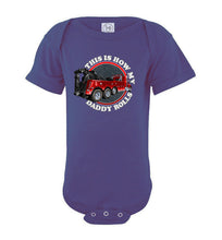 Load image into Gallery viewer, This Is How My Daddy Rolls Tow Truck Kid&#39;s Trucker Tee  bodysuite purple