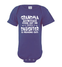 Load image into Gallery viewer, Grandma You Gotta Come Get Me Daughter Freaking Out Funny Kids T Shirts onsie purple