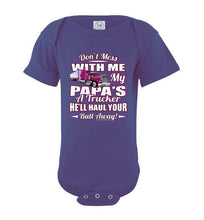 Load image into Gallery viewer, Don&#39;t Mess With Me My Papa&#39;s A Trucker Kid&#39;s Trucker onesies Pink Design purple