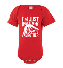 Load image into Gallery viewer, I&#39;m Just Here For My Flippin&#39; Brother Gymnastics Brother/Sister Tshirt onesie red