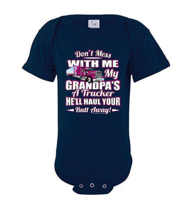 Don't Mess With Me My Grandpa's A Trucker Kid's trucker onesies Pink Design navy