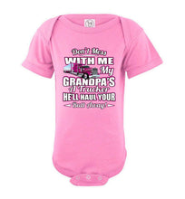 Load image into Gallery viewer, Don&#39;t Mess With Me My Grandpa&#39;s A Trucker Kid&#39;s trucker onesies Pink Design pink
