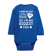 Load image into Gallery viewer, Little Sister Biggest Fan Football Sister Bodysuit ls  royal blue