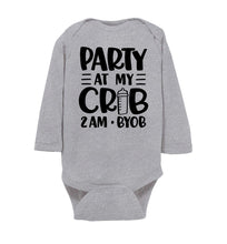 Load image into Gallery viewer, Funny Baby Onesie Quotes, Party At My Crib 2AM BYOB, Funny Baby Gifts ls grey