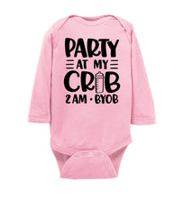 Load image into Gallery viewer, Funny Baby Onesie Quotes, Party At My Crib 2AM BYOB, Funny Baby Gifts ls pink