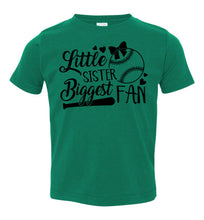 Load image into Gallery viewer, Little Sister Biggest Fan Baseball Sister T Shirt toddler green