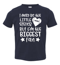 Load image into Gallery viewer, Little Sister Biggest Fan Football Sister Shirt toddler navyr