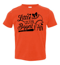 Load image into Gallery viewer, Little Sister Biggest Fan Baseball Sister T Shirt toddler orange