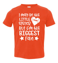 Load image into Gallery viewer, Little Sister Biggest Fan Football Sister Shirt toddler orange