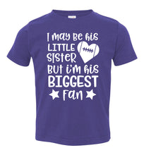 Load image into Gallery viewer, Little Sister Biggest Fan Football Sister Shirt toddle purpler 