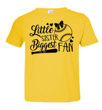 Load image into Gallery viewer, Little Sister Biggest Fan Baseball Sister T Shirt toddler yellow