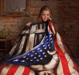 Cross Behind American Flag Christian Blanket Throws