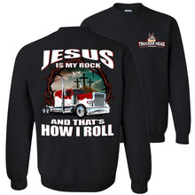 Load image into Gallery viewer, Christian Trucker Crewneck Sweatshirt, Jesus Is My Rock black