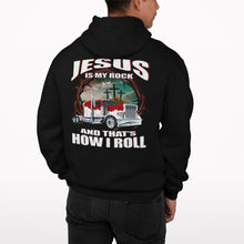 Load image into Gallery viewer, Christian Trucker Hoodie, Jesus Is My Rock And That&#39;s How I Roll
