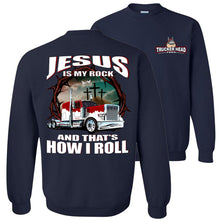 Load image into Gallery viewer, Christian Trucker Crewneck Sweatshirt, Jesus Is My Rock navy
