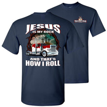Load image into Gallery viewer, Christian Trucker Shirt Jesus Is My Rock And That&#39;s How I Roll navy