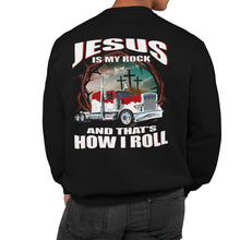 Load image into Gallery viewer, Christian Trucker Crewneck Sweatshirt, Jesus Is My Rock
