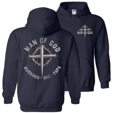 Load image into Gallery viewer, Christian Quote Hoodie, Man Of God Husband Dad Papa navy