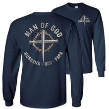 Load image into Gallery viewer, Christian Quote LS Shirt, Man Of God Husband Dad Papa navy
