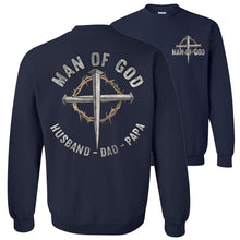 Load image into Gallery viewer, Christian Quote Crewneck Sweatshirt, Man Of God Husband Dad Papa navy