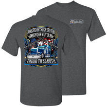 Load image into Gallery viewer, American Truck Driver American Veteran Trucker T-Shirt Back Print dark heather