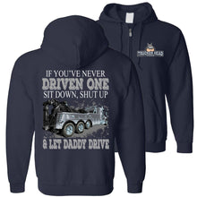 Load image into Gallery viewer, Let Daddy Drive Funny Tow Truck Driver Hoodie Sweatshirt navy zip hoodie