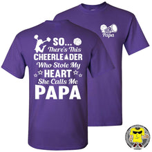 Load image into Gallery viewer, So There&#39;s This Cheerleader Who Stole My Heart She Calls Me Papa Cheer Papa Shirt purple