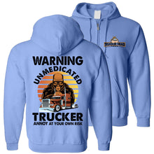 Load image into Gallery viewer, Warning Unmedicated Trucker Annoy At Your Own Risk Funny Trucker zip up Hoodie blue